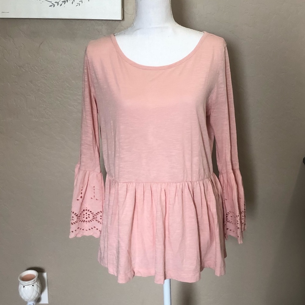 Caslon Pink Ruffle Eyelet Bell Sleeves Top Size M